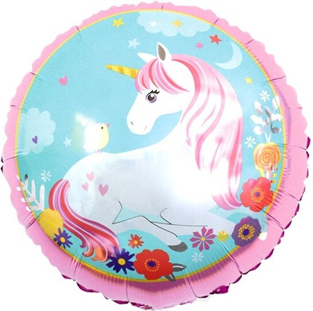 Шар (18''/46 см) Круг, Единорог на лугу, 1 шт.