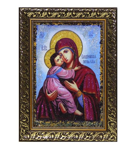 Репродукция№3 "Владимирской Божьей Матери" с подсыпкой уральскими минералами в пластиковом багете 27-37см