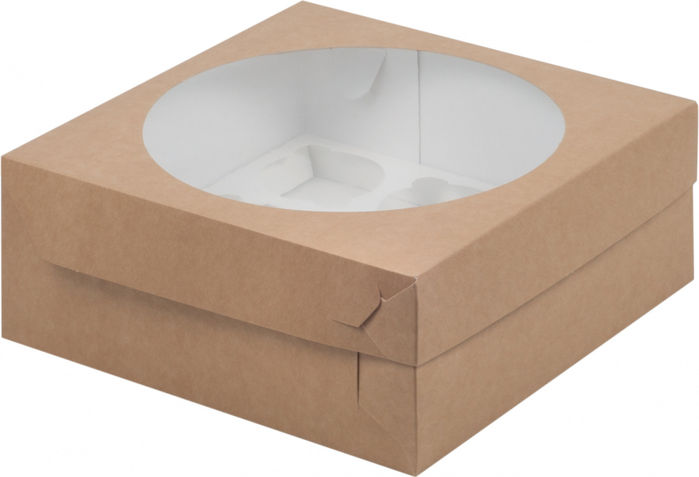 Коробка для капкейков 9 ячеек, крафтовая с окном