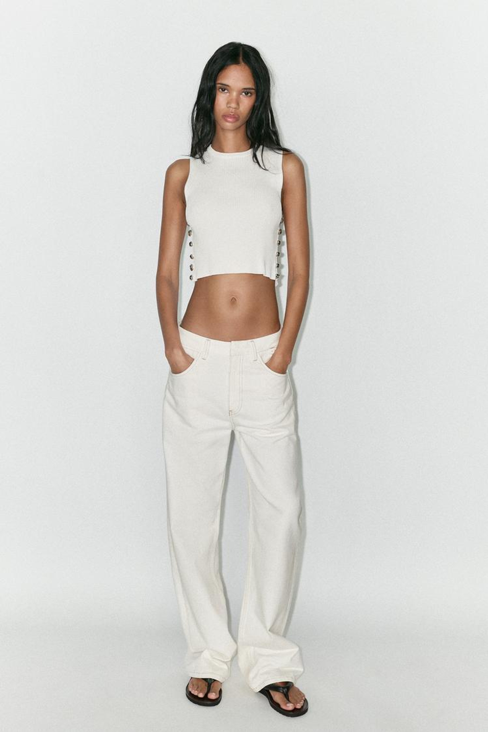 ZARA ТРИКОТАЖНЫЙ ТОП В РУБЧИК, БЕЛЫЙ