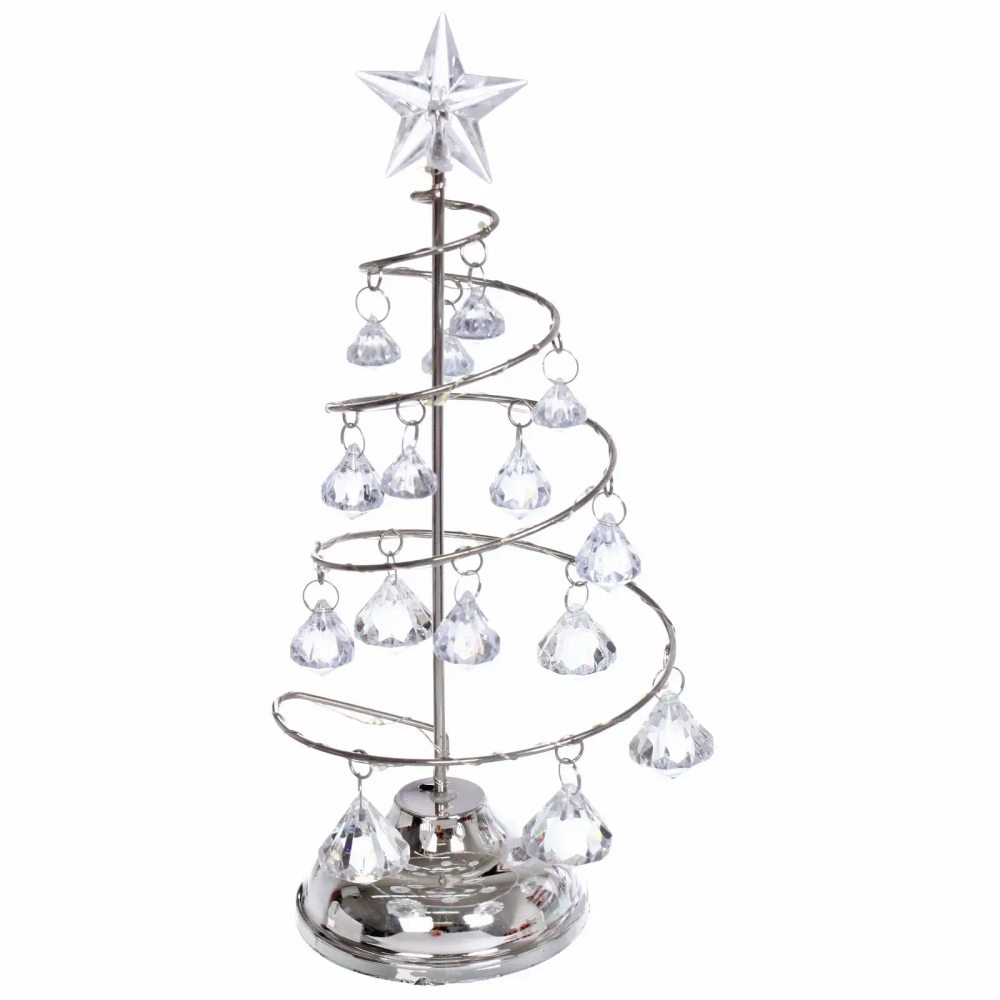 Сувенир с подсветкой «Елочка Хрустальная» 26 см, диаметр 10 см, основание-серебро, свечение белое, хрусталик Белый (работает от батареек 3 ААА)