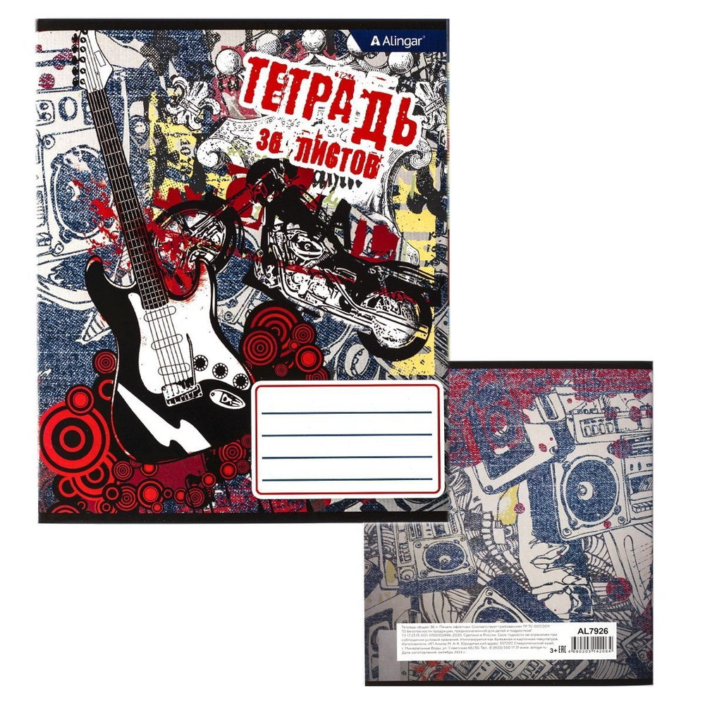 Тетрадь 36л., А5, клетка, Alingar "Гранж", скрепка, блок офсет, мелованный картон (эконом), 4 дизайна в пленке т/у