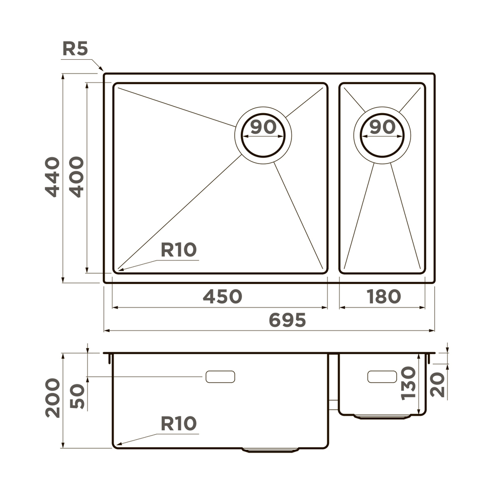 Кухонная мойка Omoikiri Taki 69-2-U/IF SIDE-LG-L нерж.сталь/светлое золото 4997051