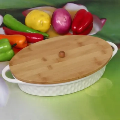 Форма для запекания керамическая «White magic» 29*20см с бамбуковой крышкой