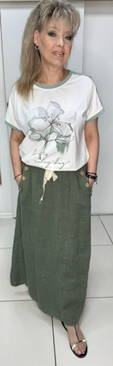 Итальянская льняная юбка с кармашками в оливковом цвете