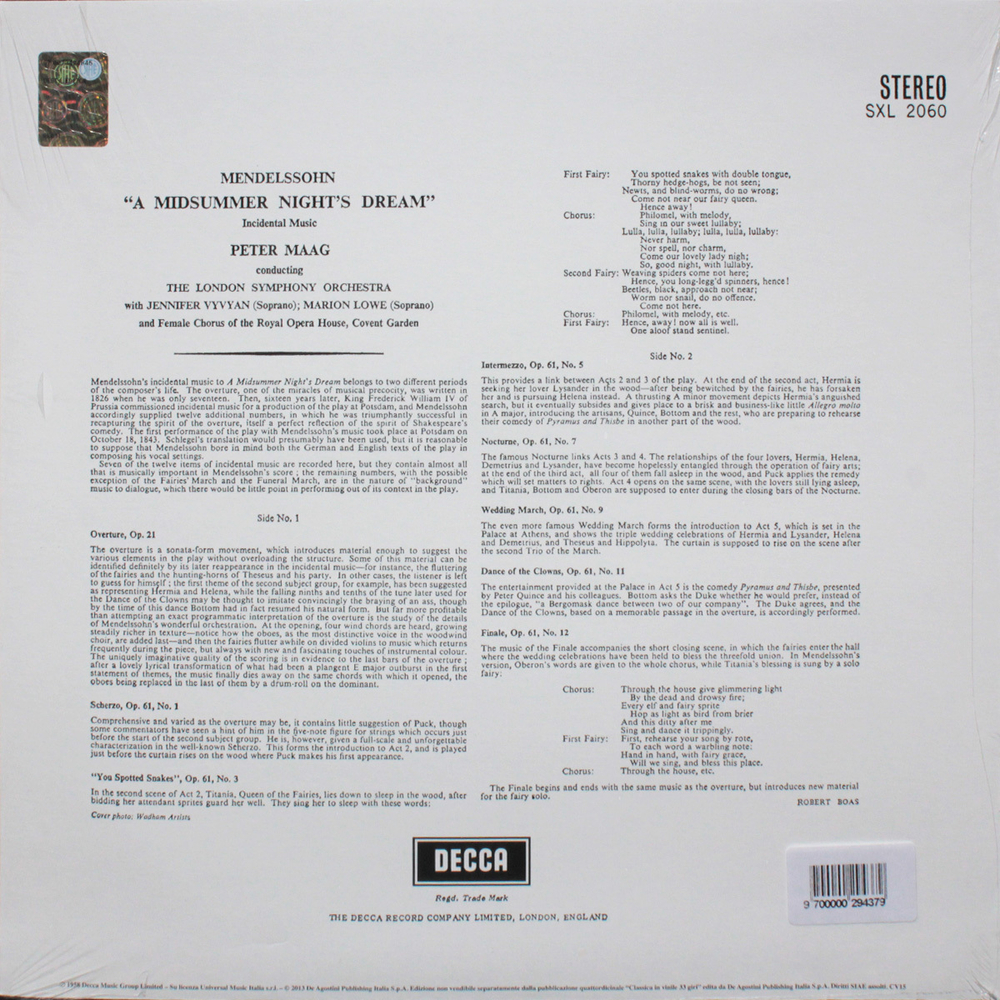 Maag, Vyvyan, Lowe, Female Chorus, London Symphony Orchestra / Mendelssohn: A Midsummer Night's Dream (LP)
