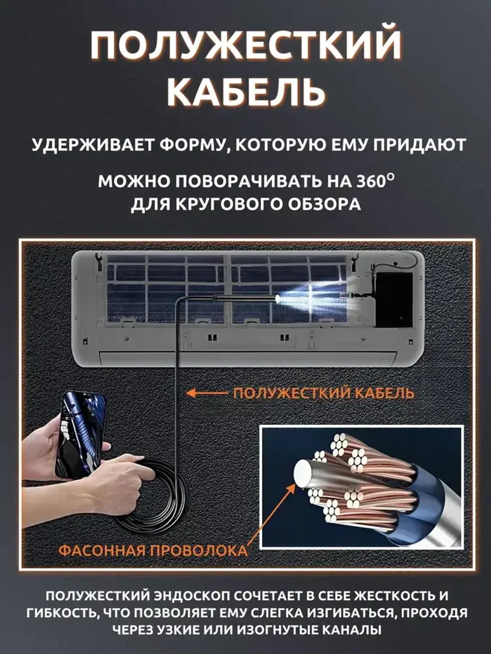 Эндоскоп для смартфона с подсветкой, 2 камеры, 3МП, 8мм, водонепроницаемый, Android/iOS, 2 метра, жесткий