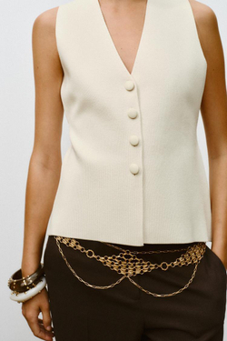 ZARA ТРИКОТАЖНЫЙ ЖИЛЕТ С ОБТЯЖНЫМИ ПУГОВИЦАМИ, ЭКРЮ