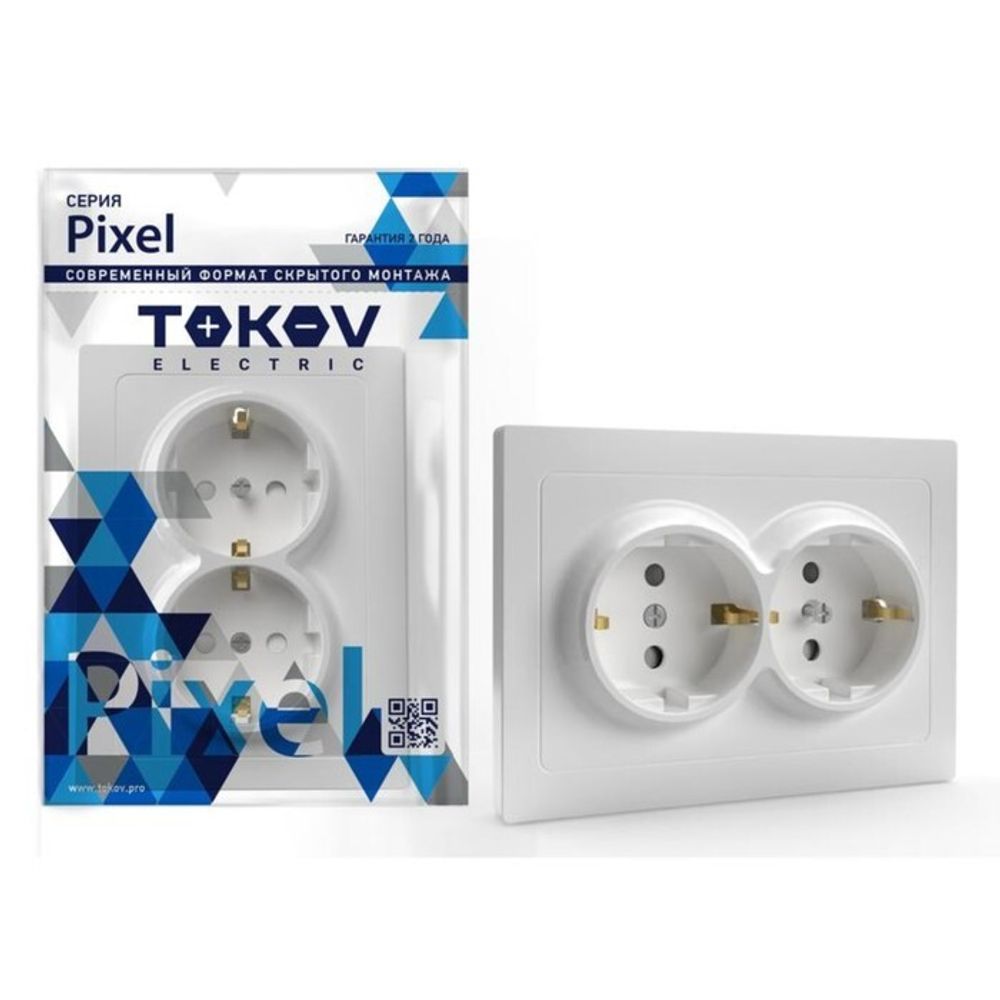 Розетка TOKOV ELECTRIC, Pixel, 2-м, 16А, IP20, с з/к, с защ. шторкой, белый, TKE-PX-R2FZSF-C01