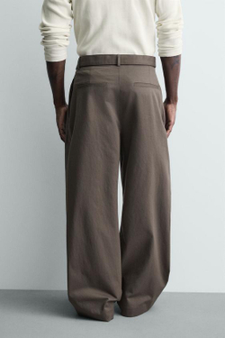 ZARA БРЮКИ WIDE FIT С ПОЯСОМ, СЕРО-КОРИЧНЕВЫЙ
