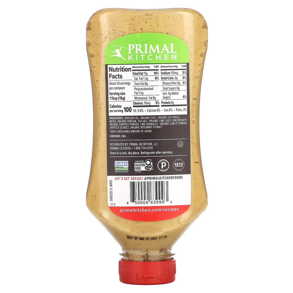Primal Kitchen, Настоящий майонез с маслом авокадо и лаймом чипотле, 503 мл (17 жидк. Унций)