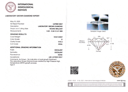 Лабораторно-выращенный бриллиант Кр-57 5.22-5.24 мм D/VVS2 0.54 ct