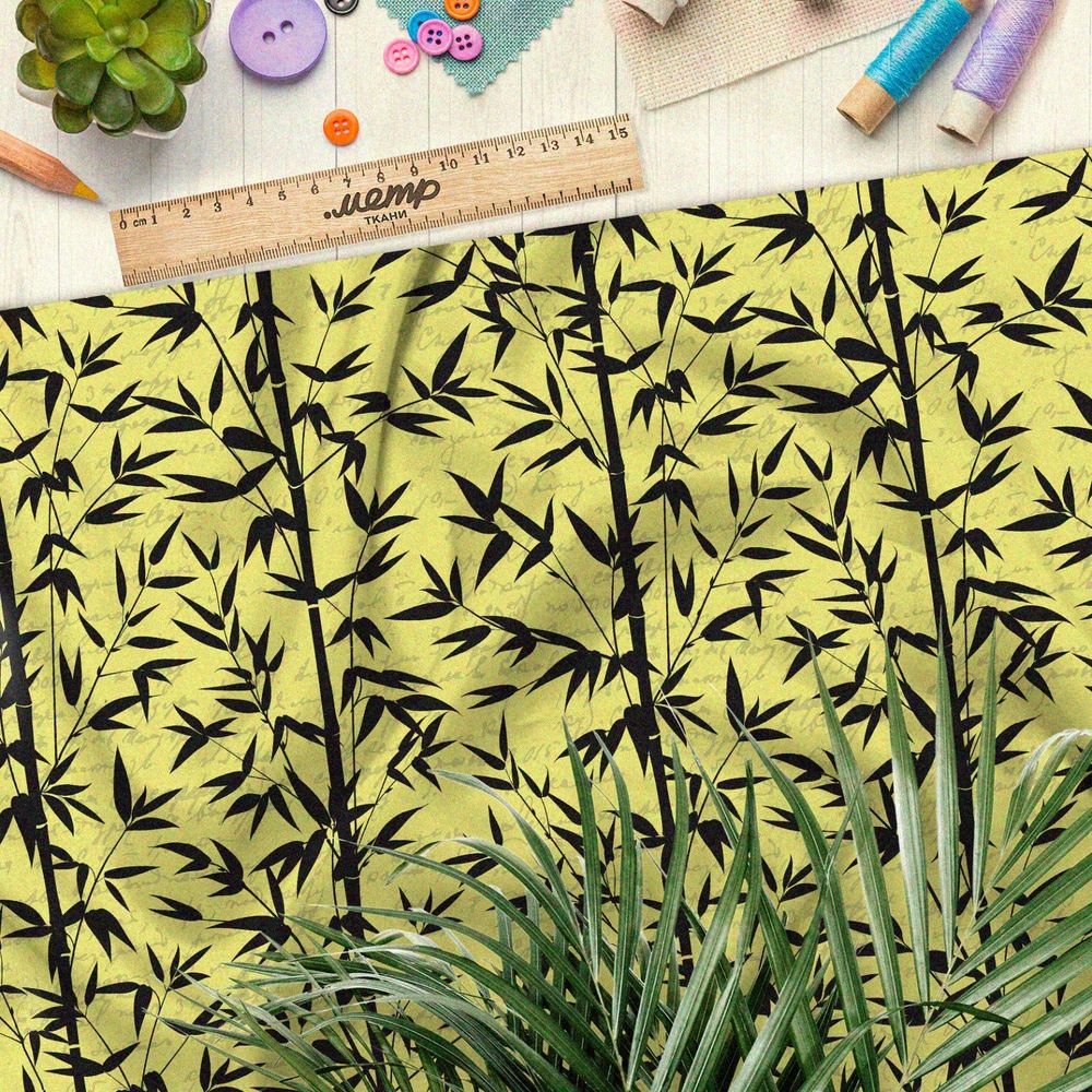 Ткань ниагара чёрный бамбук на жёлтом фоне