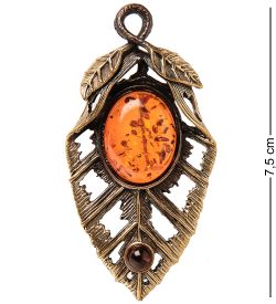 AM-2351 Брошь «Лист Папоротника» (латунь, янтарь)