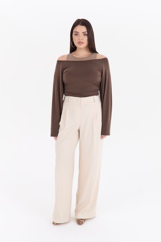 Лонгслив двухслойный на одно плечо, бежево-коричневый