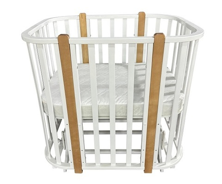 Кровать детская "Эля" 5 в 1 поперечный маятник/колеса (белый/вставки бук)