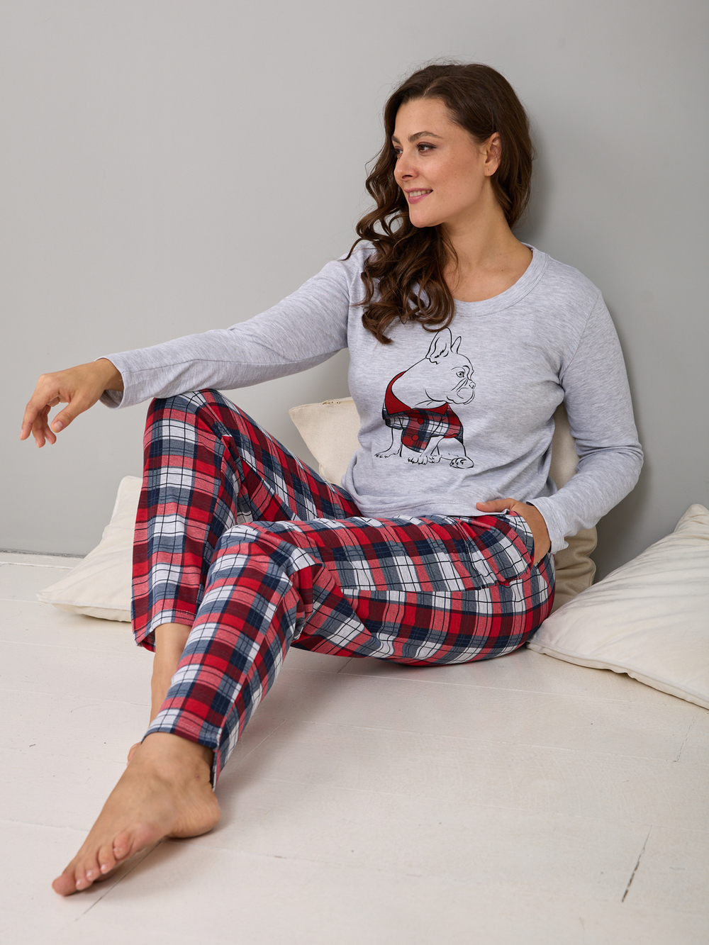 Пижама с брюками КБ-004П/серый-синекраснаяклетка