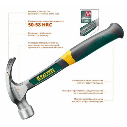 KRAFTOOL 450 г, молоток-гвоздодёр цельнокованый столярный THOR 20270-450