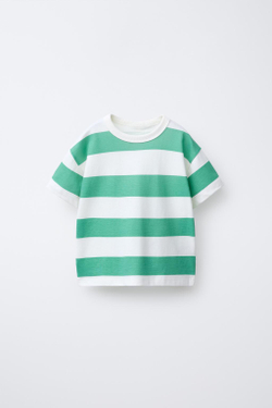 ZARA БАЗОВАЯ ФУТБОЛКА В ПОЛОСКУ, ЗЕЛЕНЫЙ