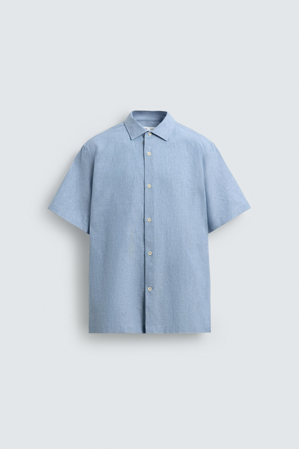 ZARA РУБАШКА ИЗ ЛЬНА И ХЛОПКА, ЛИНЯЛЫЙ ГОЛУБОЙ