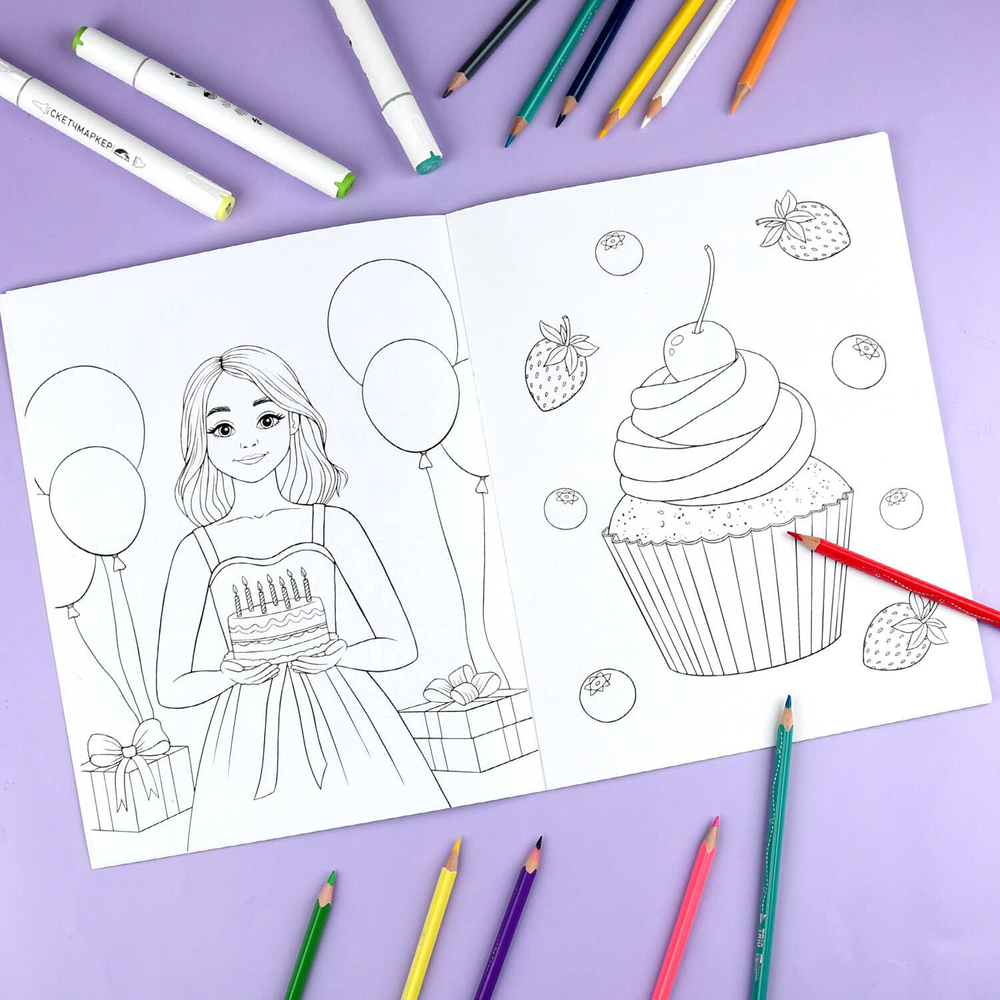 Книжка-раскраска для детей. Серия "Раскраска с наклейками" арт. 72632 ДЛЯ ДЕВОЧЕК /215х280 мм, 8 л., блок - офсет 100 г/м², печать в одну краску, обл - мелованный картон 200 г/м², мягкий переплёт (2 скобы), 2 страницы с наклейками/