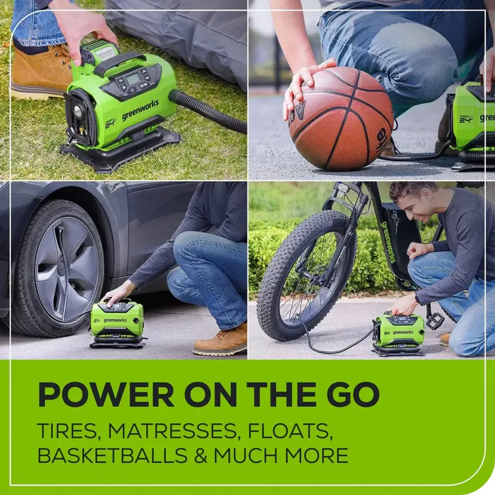 Компрессор автомобильный аккумуляторный Greenworks Арт. 3400807UB, 24V / 12V (от прикуривателя автомобиля), c АКБ 4Ач и ЗУ в сумке