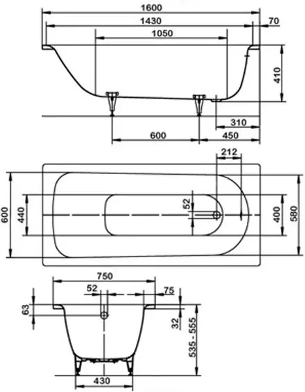 Стальная ванна Kaldewei Saniform Plus (Калдевей Саниформ Плюс) 160x75, mod. 372-1