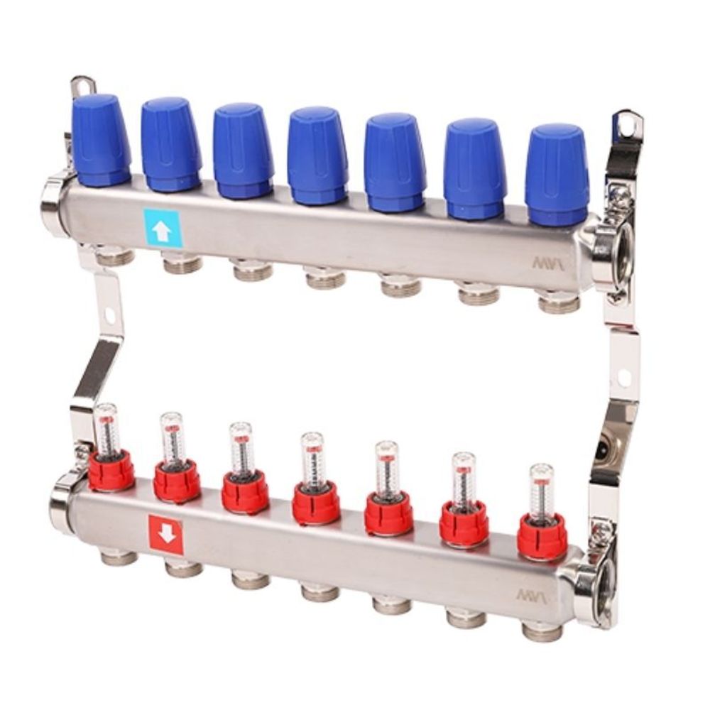 Блок коллекторный MVI из нержавеющей стали DN 25-7 выходов G 3/4, с расходомерами, без дренажного крана и воздухоотводчика, евроконус, MS.507.06
