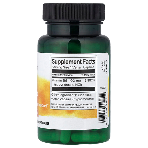 Swanson Vitamins, витамин B6 (пиридоксин), 100 мг, 100 веганских капсул