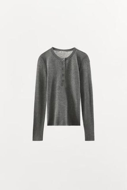 ZARA ФУТБОЛКА ИЗ СМЕСОВОГО ХЛОПКА НА ПУГОВИЦАХ, СЕРЫЙ