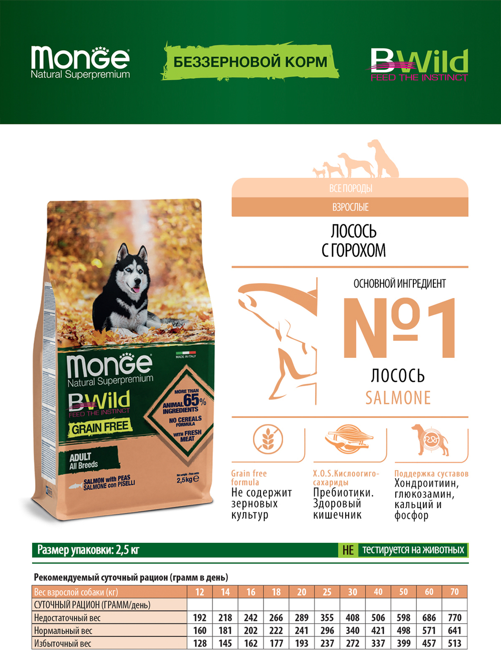 Сухой корм Monge Dog BWild GRAIN FREE, для взрослых собак, беззерновой, из лосося 2,5 кг