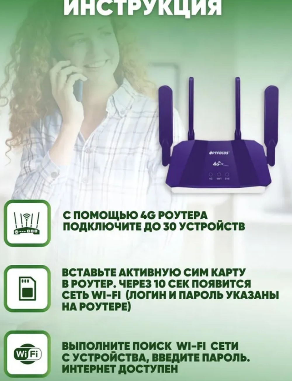 Wi-Fi роутер с сим картой 4G Optfocus 4 антены
