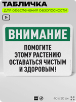 Табличка для обеспечения безопасности "Внимание, помогите этому растению оставаться чистым и здоровым", для офиса, по охране труда для предприятия, организаций, 40х30 см, Айдентика Технолоджи