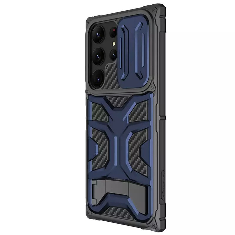 Противоударный чехол синего цвета от Nillkin серии Adventurer Pro Case для Samsung Galaxy S23 Ultra, с защитной шторкой для камеры