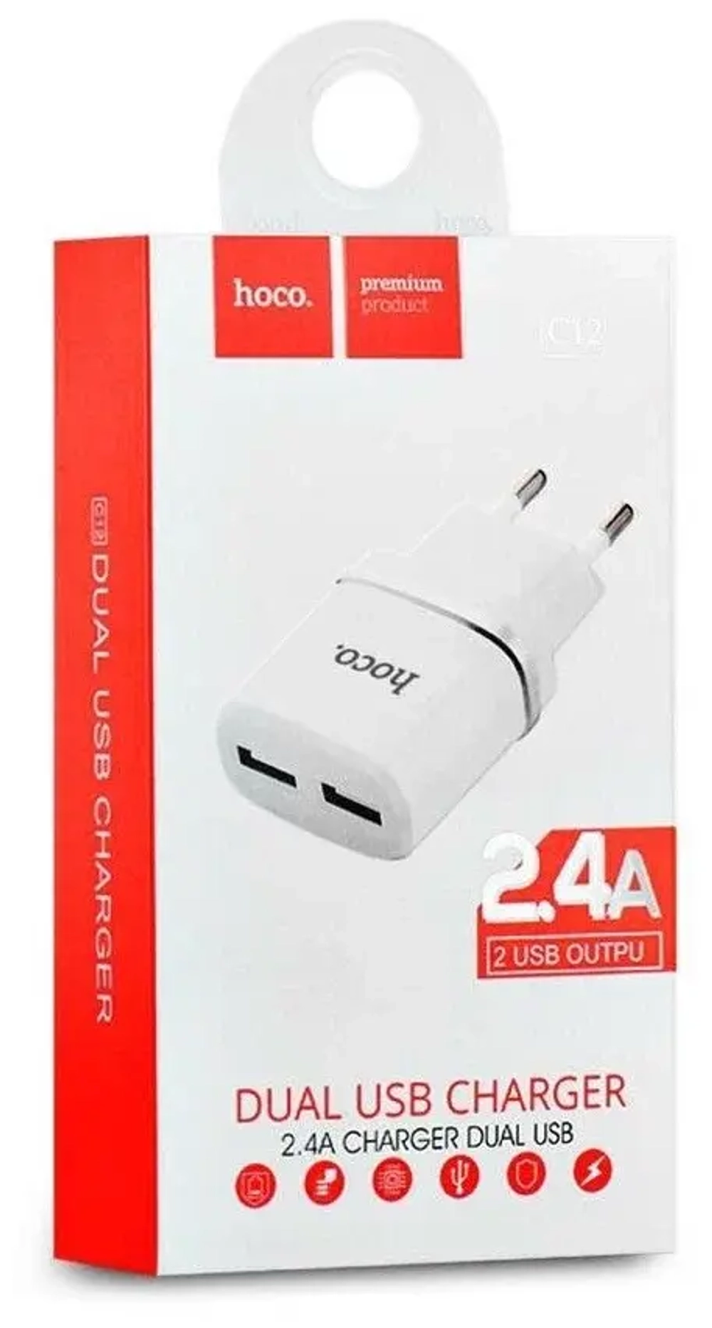СЗУ USB Hoco C12 (12W, 2 порта) Белый