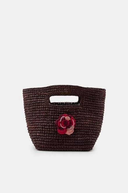 ZARA МИНИ-СУМКА ИЗ РАФИИ С ЦВЕТКОМ КРЮЧКОМ, КОРИЧНЕВЫЙ