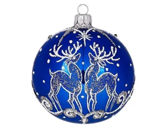 С2168/1 Стеклянный шар Олени 85 мм.,синий, Ёлочка