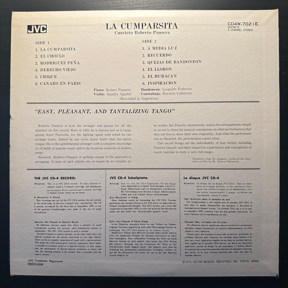 Roberto Pansera With Leopoldo Federico, Aquiles Aguilar, Horacio Cabarcos - La Cumparsita (Япония 1972г.)