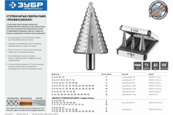 Ступенчатое сверло по металлу ЗУБР Профессионал 6-20 мм, 8 ступеней, сталь Р6М5 29670-6-20-8_z01