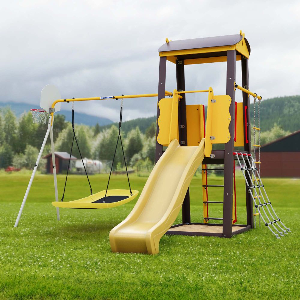 Детский спортивный комплекс для дачи ROMANA Избушка NEW (с качелями Лодка)