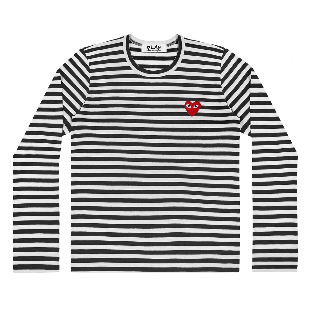 COMME DES GARÇONS PLAY ФУТБОЛКА ЖЕНСКАЯ С ДЛИННЫМ РУКАВОМ В ЧЕРНУЮ ПОЛОСКУ С КРАСНЫМ СЕРДЕЧКОМ