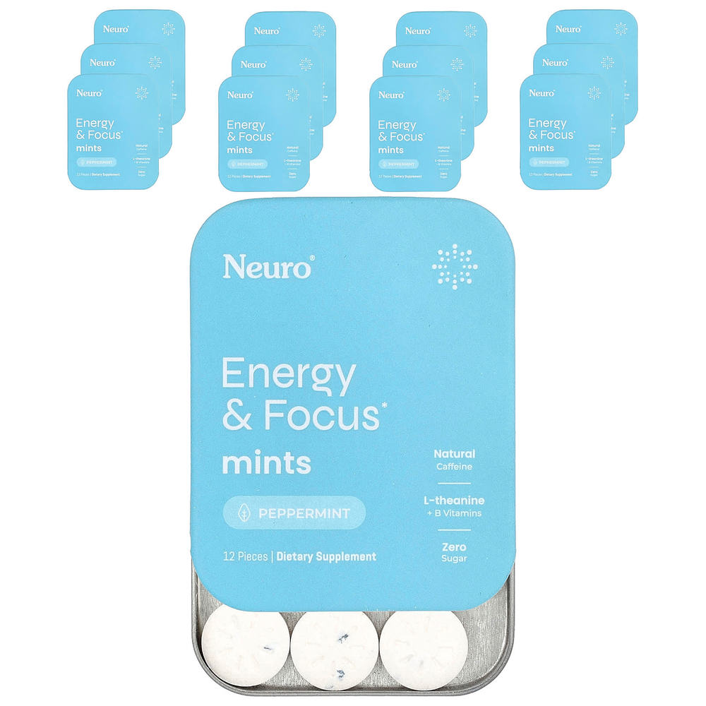 NeuroGum, мятные конфеты для энергии и концентрации, перечная мята, 12 пакетиков по 12 шт.