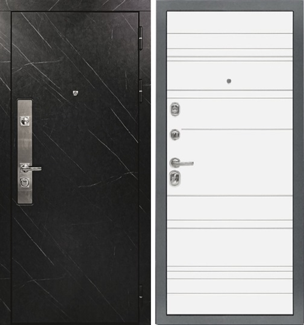 Входная дверь в квартиру STR МХ - 26 Гранит лава оникс, вставка нержавеющая сталь / Д5 Белый софт