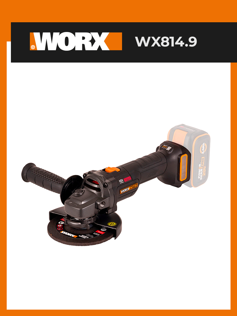 Угловая шлифмашина бесщёточная аккумуляторная WORX WX814.9