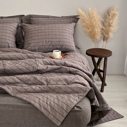 КПБ 1.5 сп ВАРЕНЫЙ ХЛОПОК "Крупная клетка коричневая+коричневый меланж"