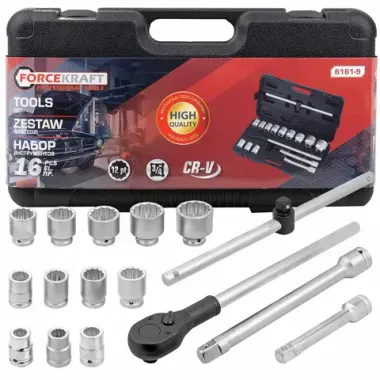 Набор инструментов 16пр. 3/4''12гр.(17,19,21,24,27,30,32,33,36,41,46,50), в кейсе FORCEKRAFT FK-6161-9