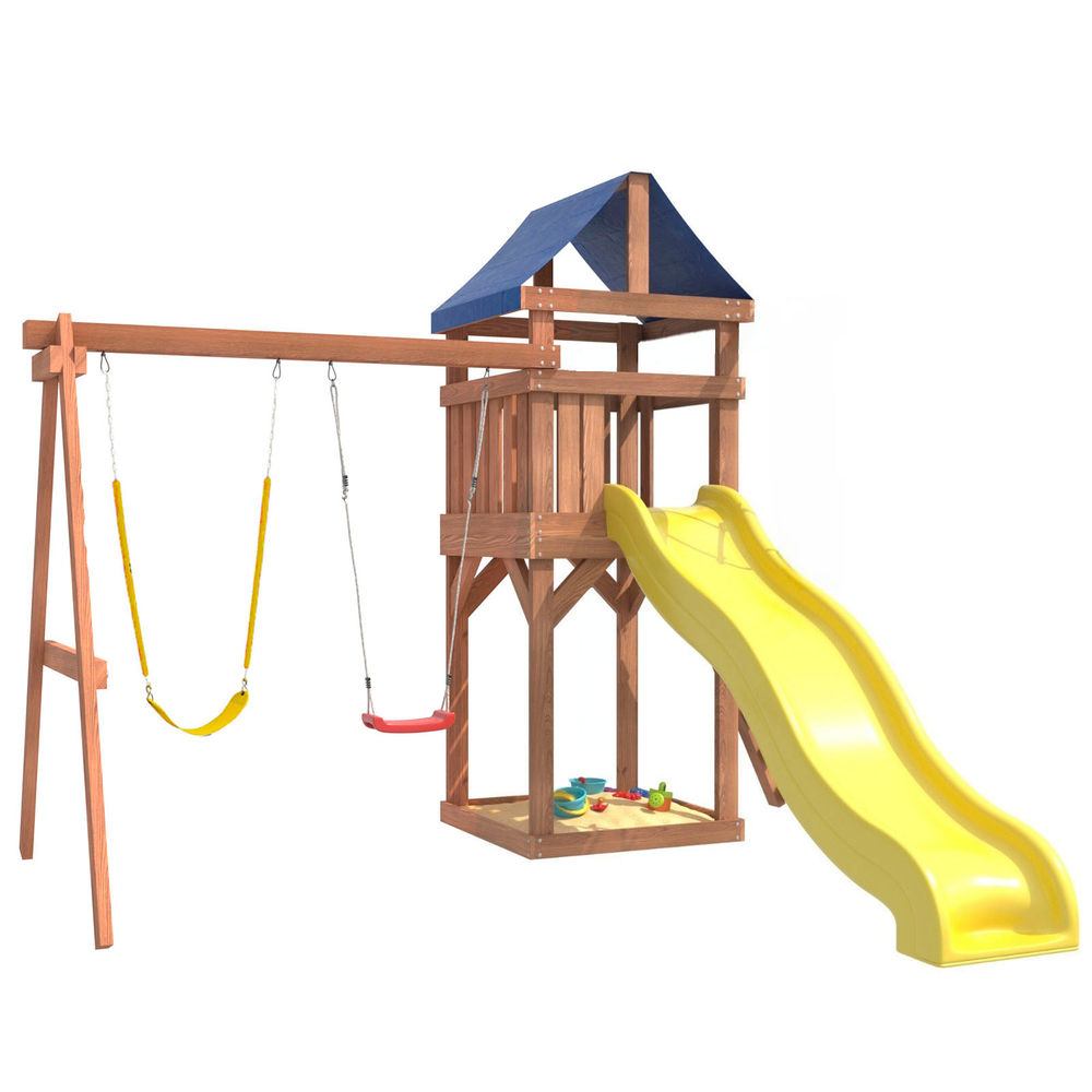 Детская площадка Сlassic с гибкими качелями в желтом цвете и лодочкой IgroWoods для улицы и дачи