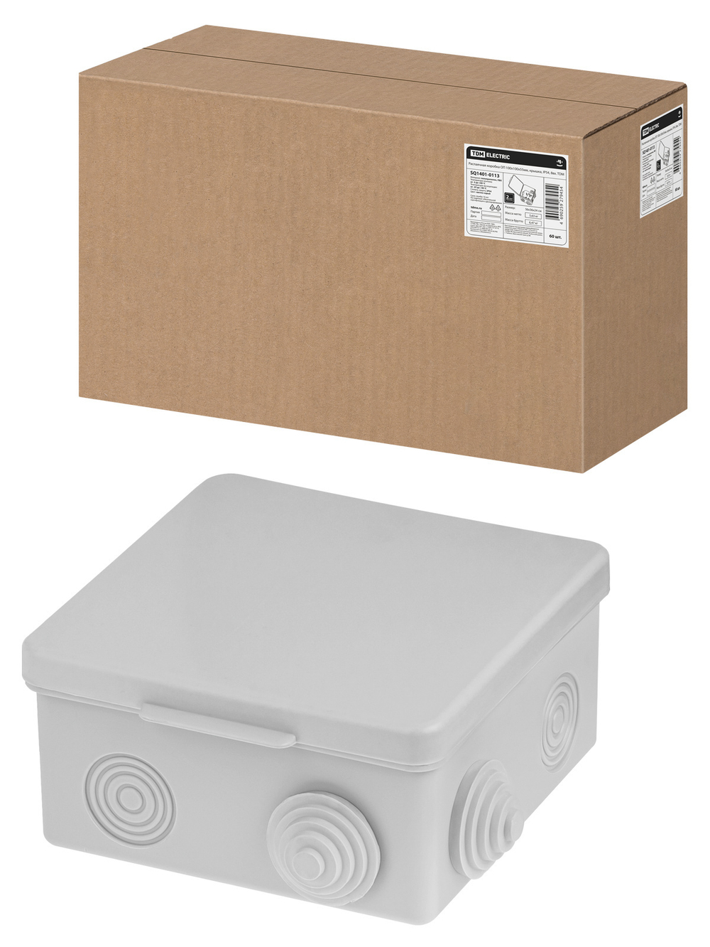 Распаячная коробка ОП 100х100х55мм, крышка, IP54, 8вх. TDM SQ1401-0113