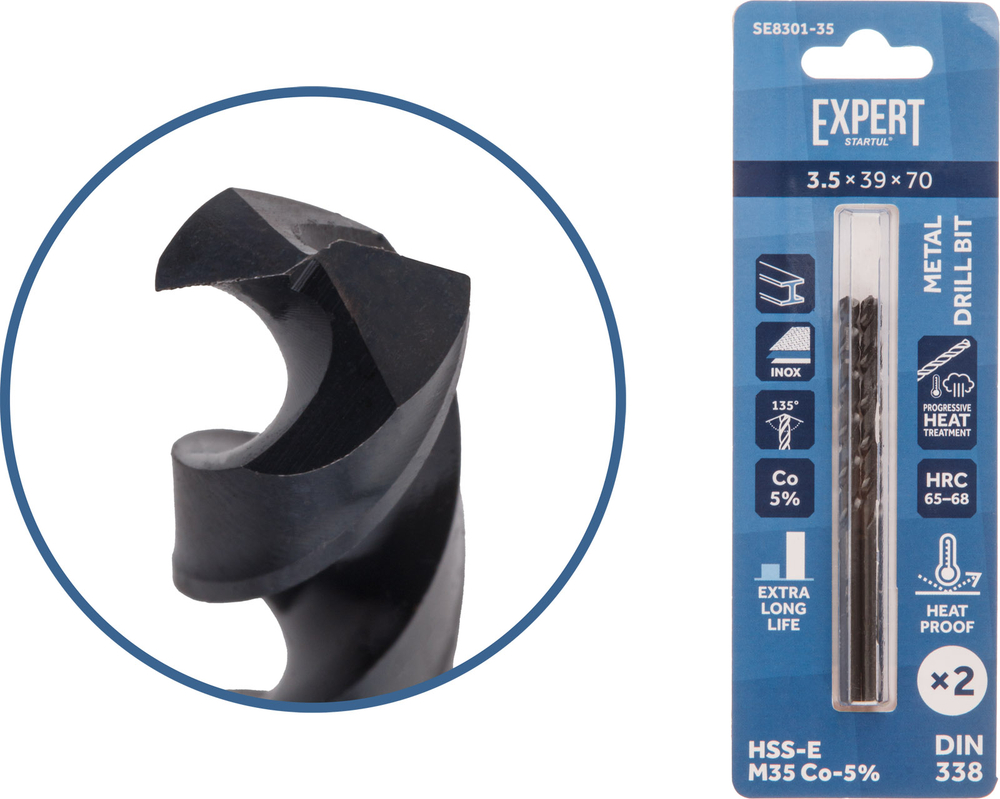 Сверло по металлу ц/х 3.5х39х70 мм HSS-Co, комплект из 2-х шт Black EXPERT STARTUL