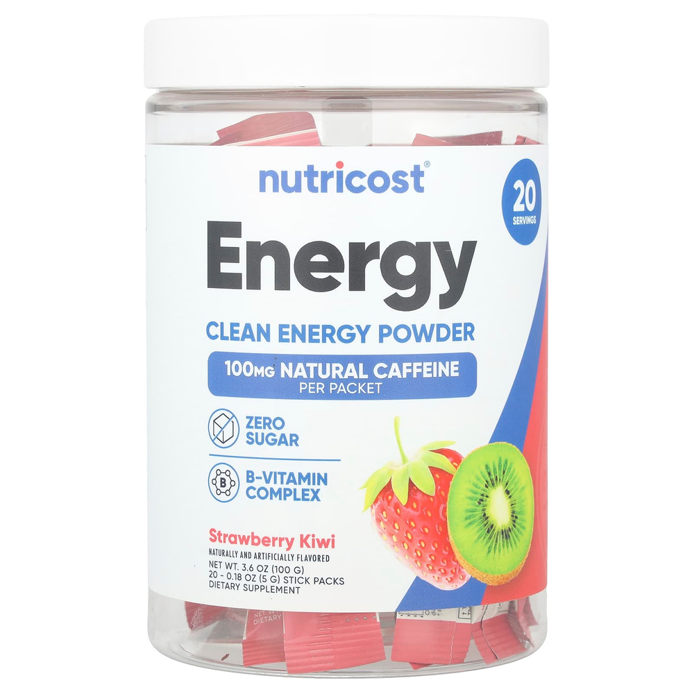 Nutricost, Energy, Clean Energy, порошок, клубника и киви, 20 пакетиков по 5 г (0,18 унции)